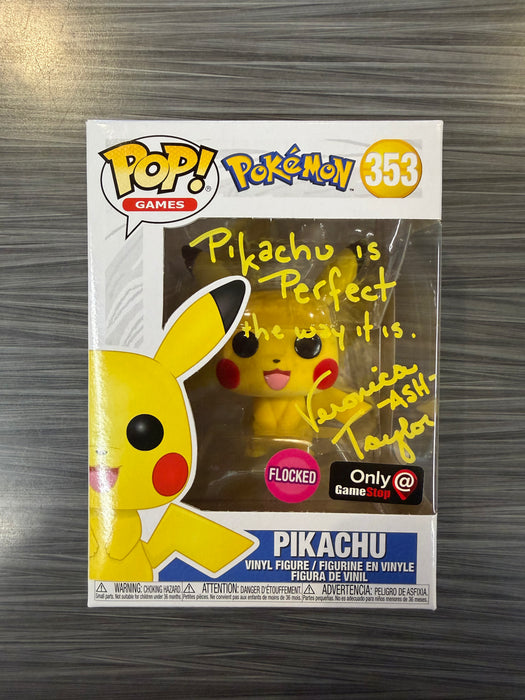 Funko POP! Games: Pokemon - Pikachu (Flocked)(Gamestop)(Signed/Veronica Taylor/JSA)(Damaged Box) #353