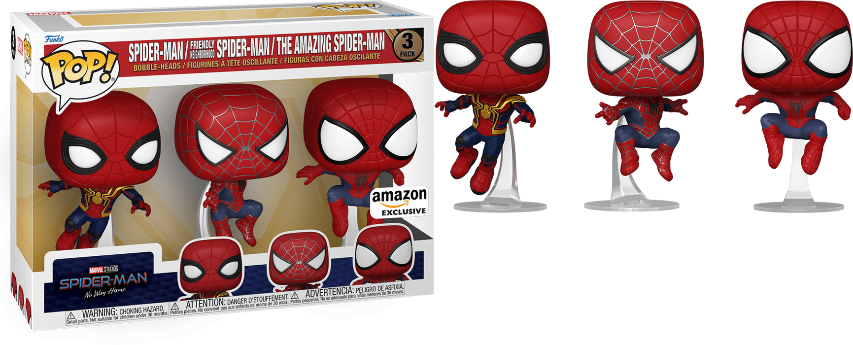 Funko POP! Marvel: Spider-Man No Way Home - Spider-Man/ Friendly Neighborhood Spider-Man/ The Amazing Spider-Man (Amazon)(Damaged Box) [3 Pack]